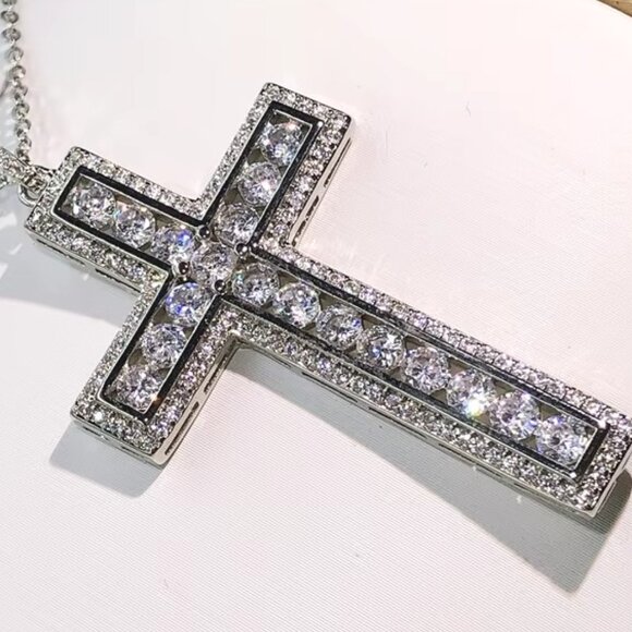 ๐ Lg. Halo 8.00 Ctw Diamond Cross and 18" Necklace 18k White Gold ๐ - Picture 2 of 6